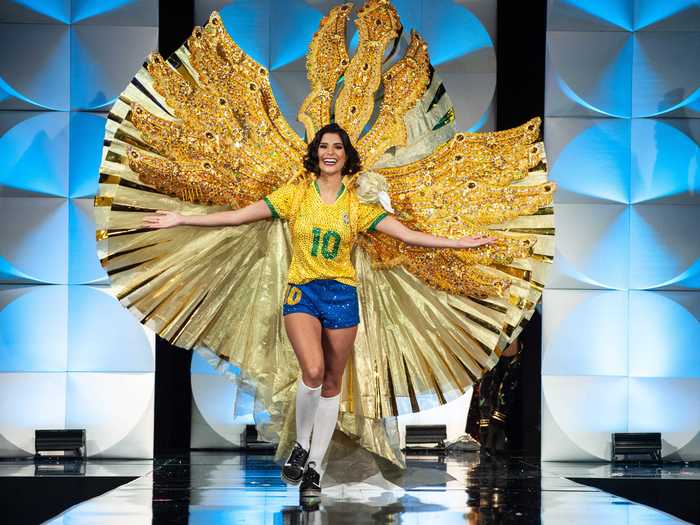 Miss Brazil 2019, Julia Horta, donned a glammed-out soccer uniform and golden wings.