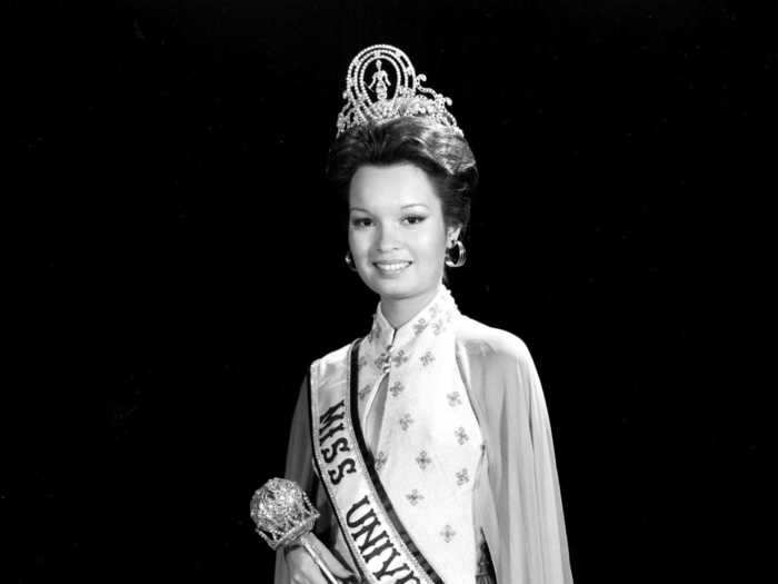 Miss Universe 1973 showed off her new title in a flowing white gown.