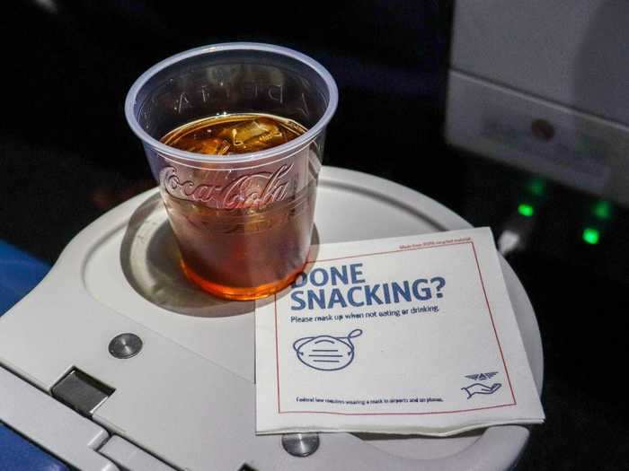 The drink menu was identical to my last flight so I tried one of the pre-mixed canned alcoholic drinks and opted for the old fashioned. It came pre-poured in a plastic cup and was quite delicious.