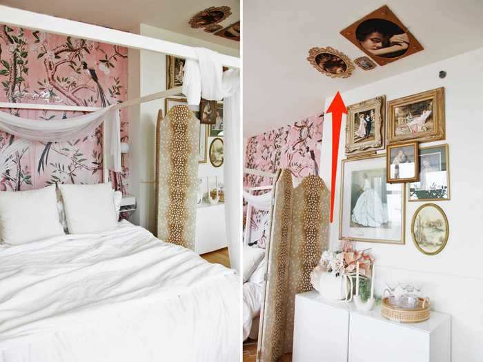 Brown used more peel-and-stick wallpaper, a room divider, and a unique gallery wall to separate her bedroom area from the rest of the studio apartment.