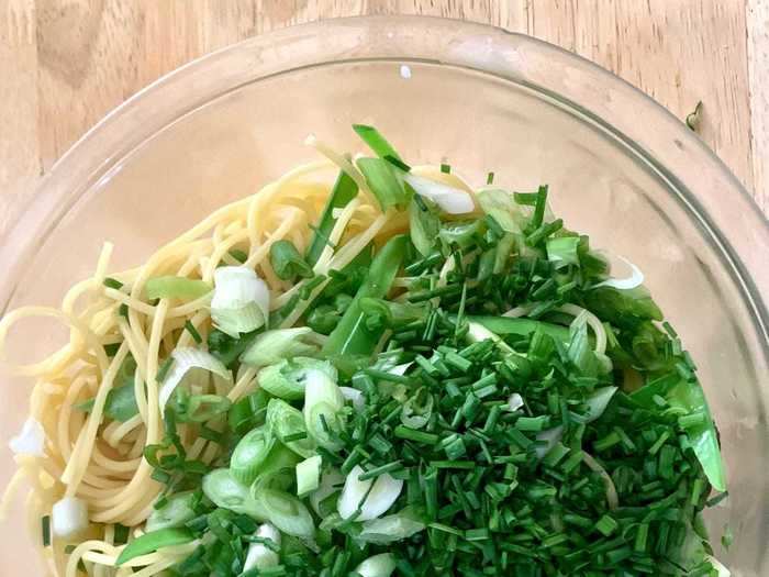 Then I added my noodles and veggies to the bowl with the carbonara sauce.