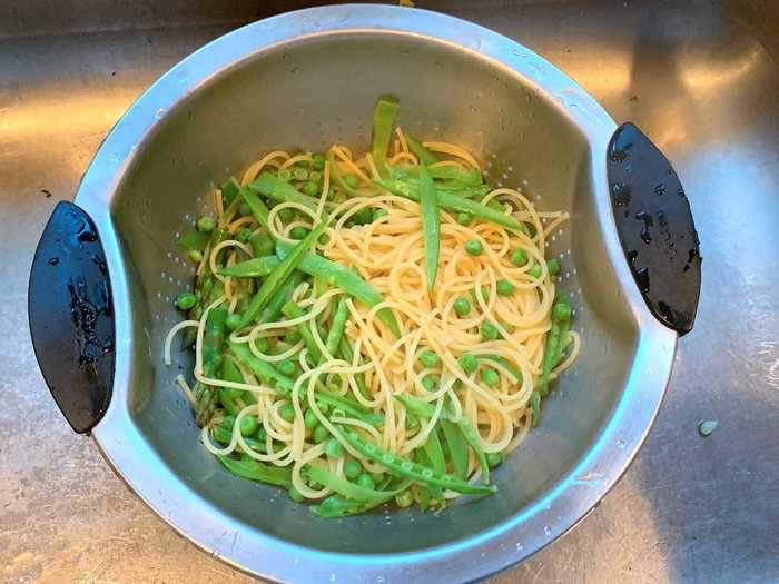 After two minutes were up, I drained my spaghetti and veggies.