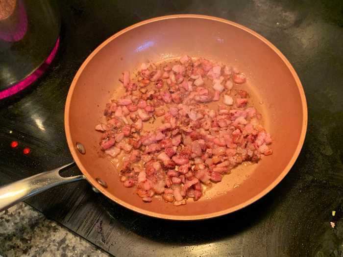 It was time to get cooking! First, I got my pancetta going.