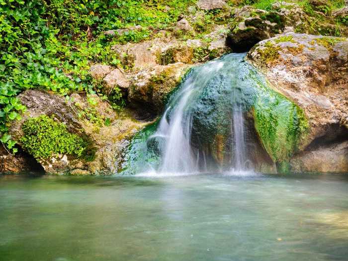 Hot Springs National Park in Hot Springs, Arkansas, has 47 natural thermal baths with an average temperature of 143 degrees Fahrenheit.