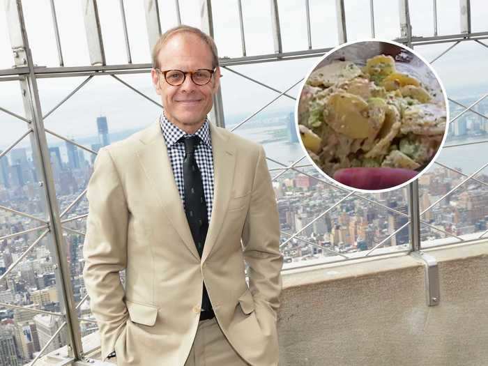 Alton Brown adds garlic, apple cider vinegar, and sliced cornichons to his potato salad.