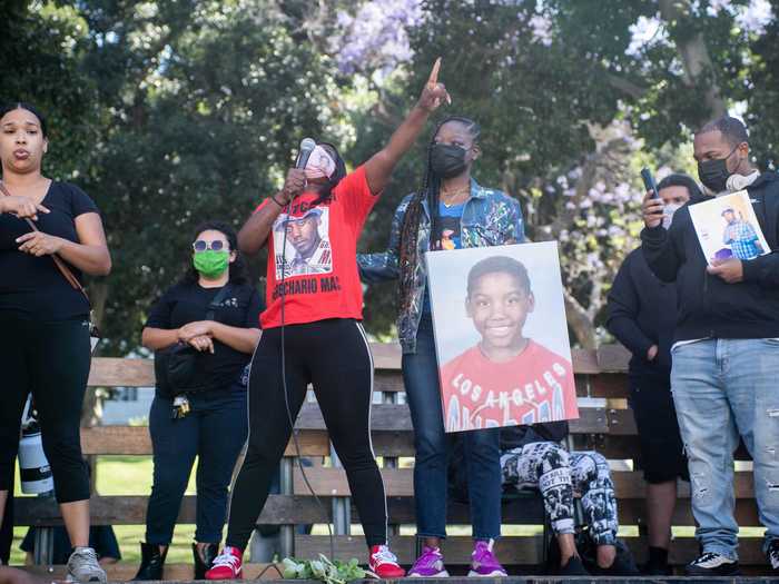 Katherine Walker, the mother of a man, Grechario Mack, who was killed by the Los Angeles Police Department spoke at the rally.