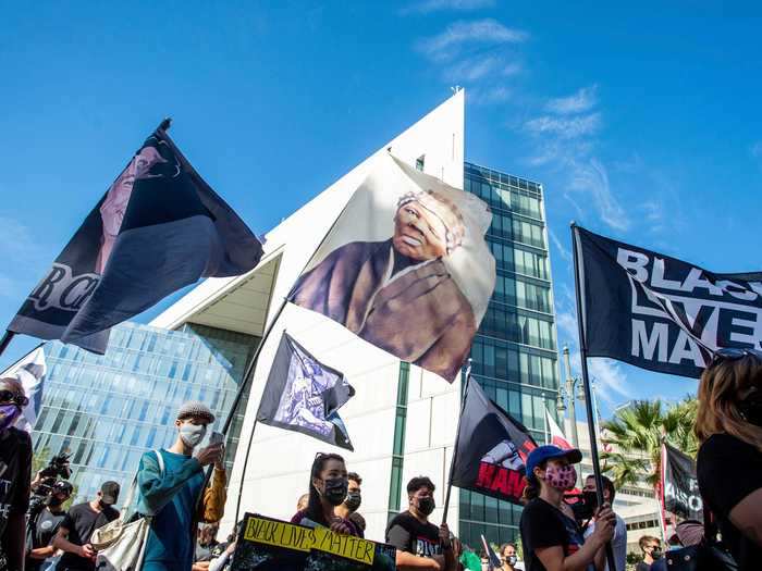 Black Lives Matter supporters gathered in Downtown Los Angeles to mark the anniversary.