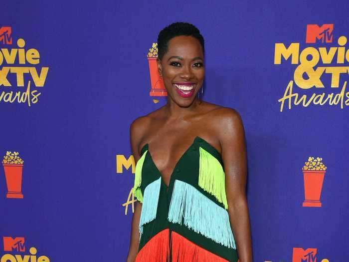 Yvonne Orji wore a delightful multi-colored fringed gown to the MTV Movie and TV Awards.
