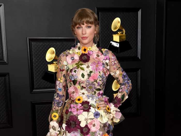 Taylor Swift wore this floral mini-dress at the Grammys.