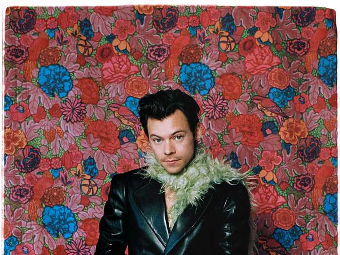 Harry Styles accessorized his leather suit with a green feather boa.