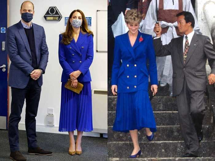 Most recently, Middleton wore a pleated skirt and long blue blazer that matched an outfit Princess Diana wore.