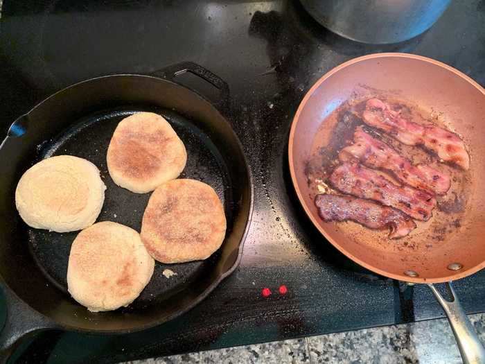 While my bacon cooked, I started toasting my English muffins.