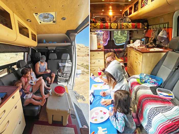 A look inside the van shows how the Sanchezes use bench seating to create a living room-style area in the small space.