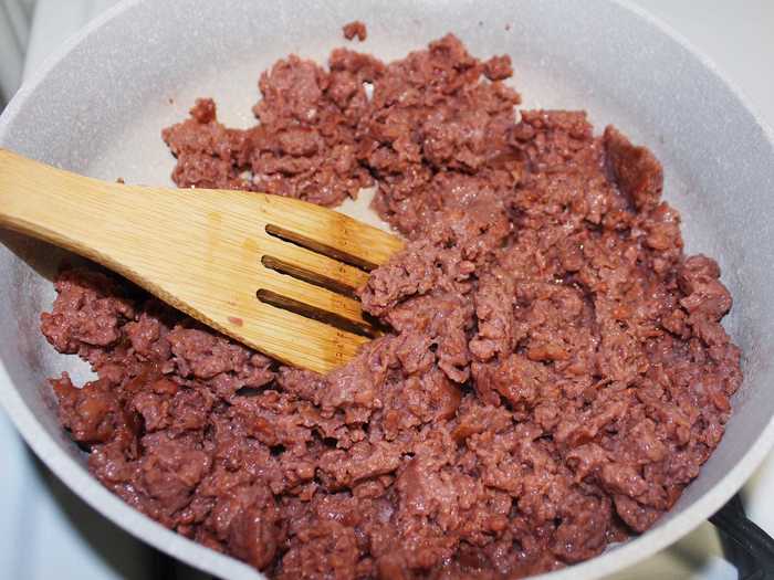 I started by adding the ground "beef" to a pan with a tablespoon of hot olive oil.