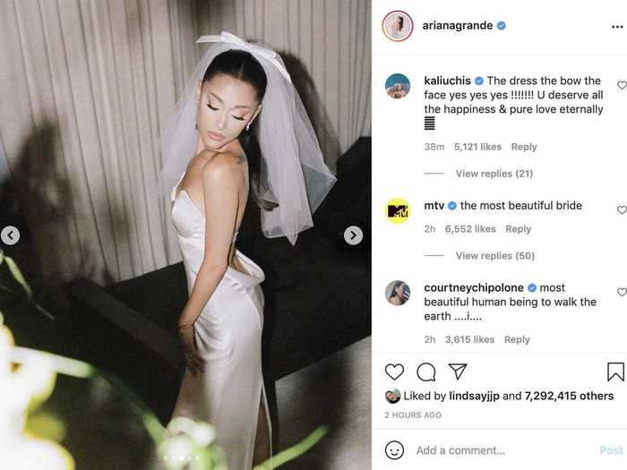 Ariana Grande channeled Audrey Hepburn in a custom-made gown for her private wedding ceremony.