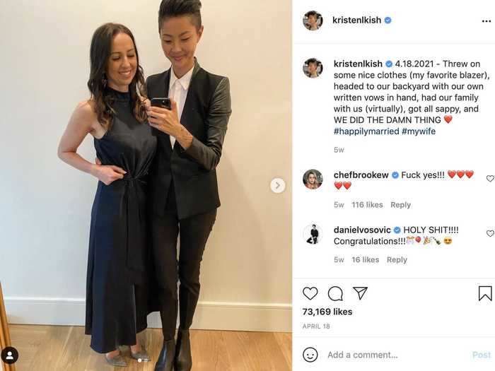 "Top Chef" winner Kristen Kish matched her bride on their wedding day in April.