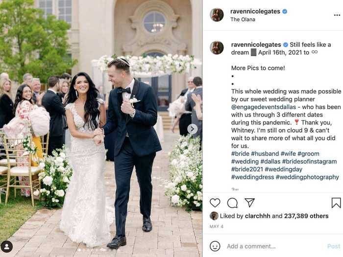 Raven Gates, known for her role on "The Bachelor in Paradise," chose a lace-embellished dress for her ceremony.