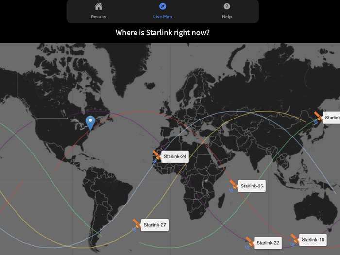 The live map shows where the Starlink satellites are in real time