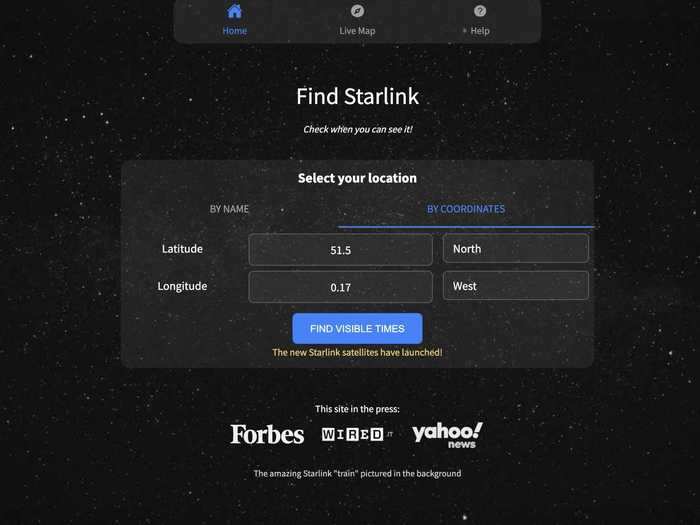 You can also choose specific coordinates to check for Starlink satellites