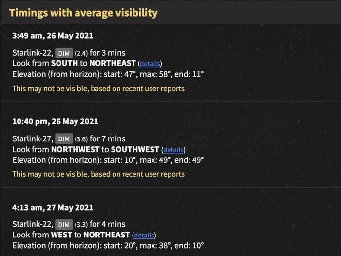 After selecting a location, a list of dates and times appear advising you where to look to spot Starlink satellites