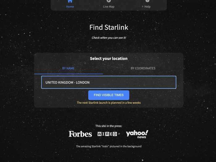 Find Starlink allows space fanatics to check when they can next see Starlink satellites pass over their location