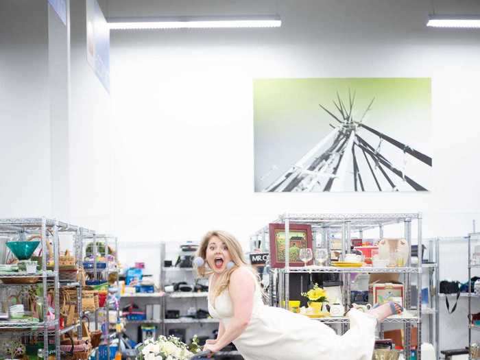 She and her fiancé Jake have been together for 5 years. Ahead of their wedding, the couple had a photo shoot inside a Goodwill store.