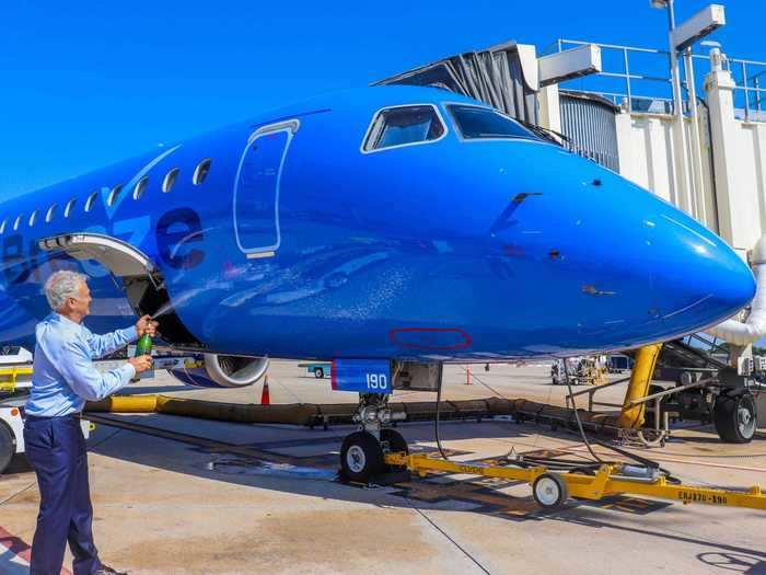 Before the flight, Neeleman popped open a bottle of champagne and christened the aircraft. Breeze Airways was officially ready for takeoff.