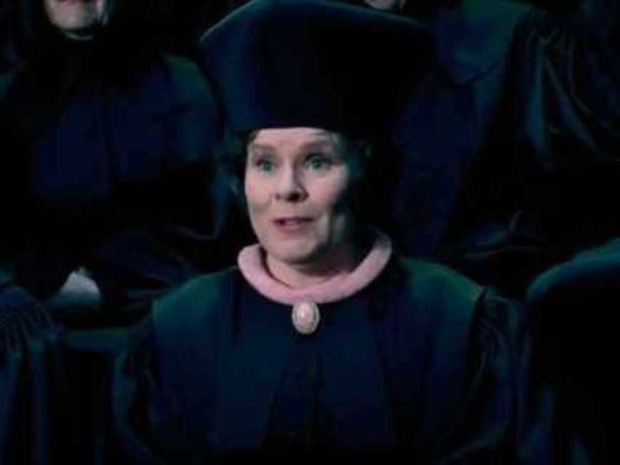 Professor Umbridge shows her love for pink clothing from her first scene at the Ministry.