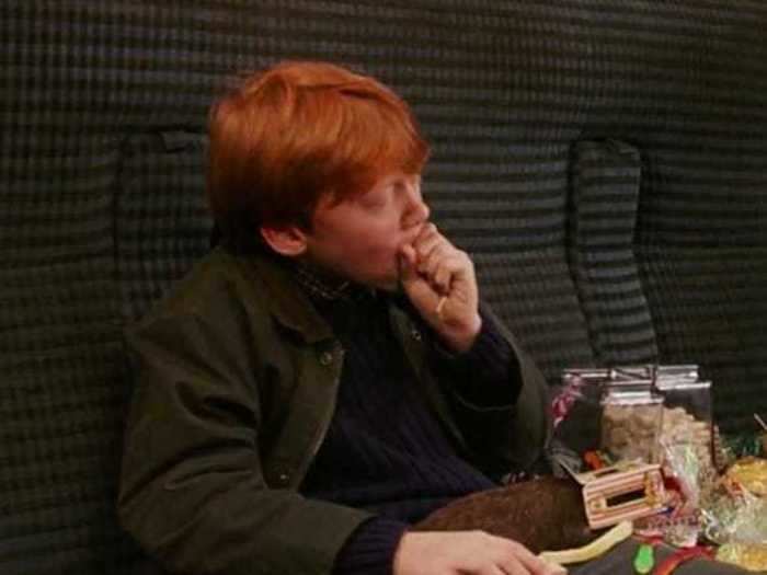 Ron wears a set of ordinary Muggle clothes in his first scene.