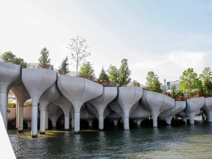 The 2.4-acre public park is perched above the Hudson River on Pier 55 …