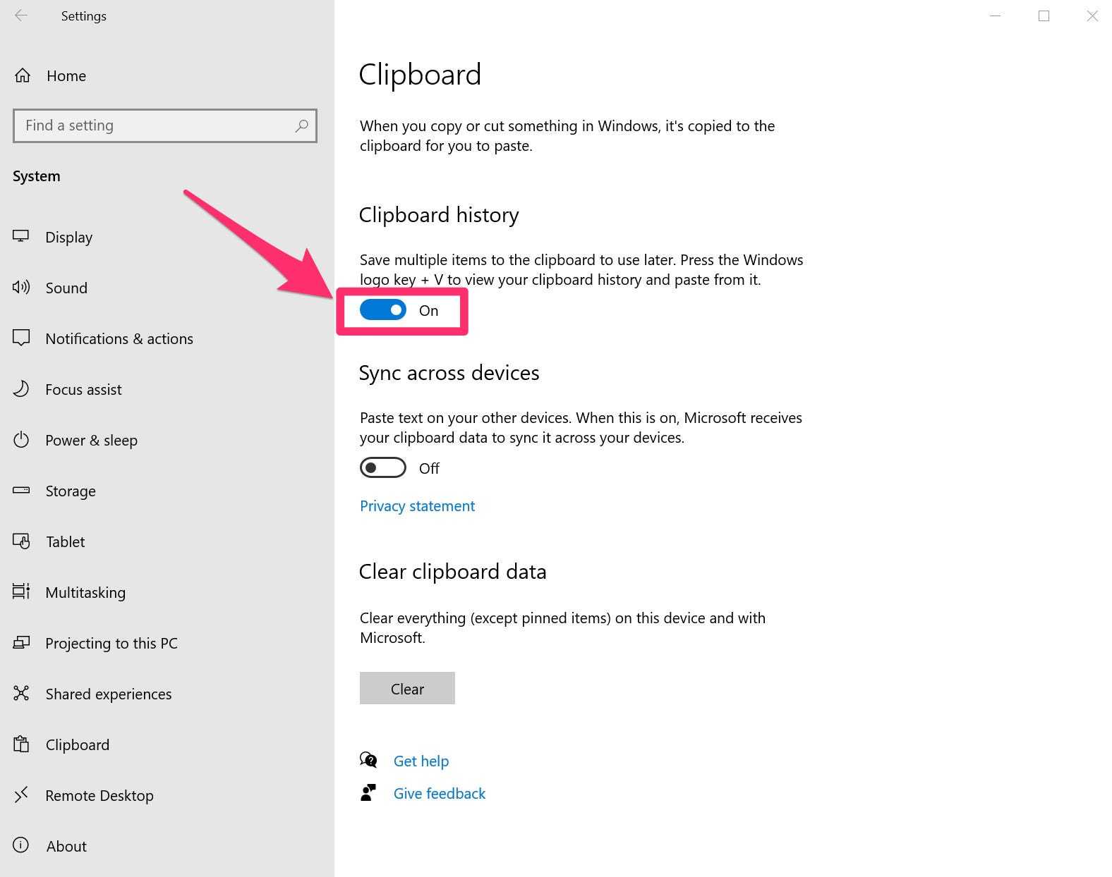 Windows Settings menu, turn on clipboard history
