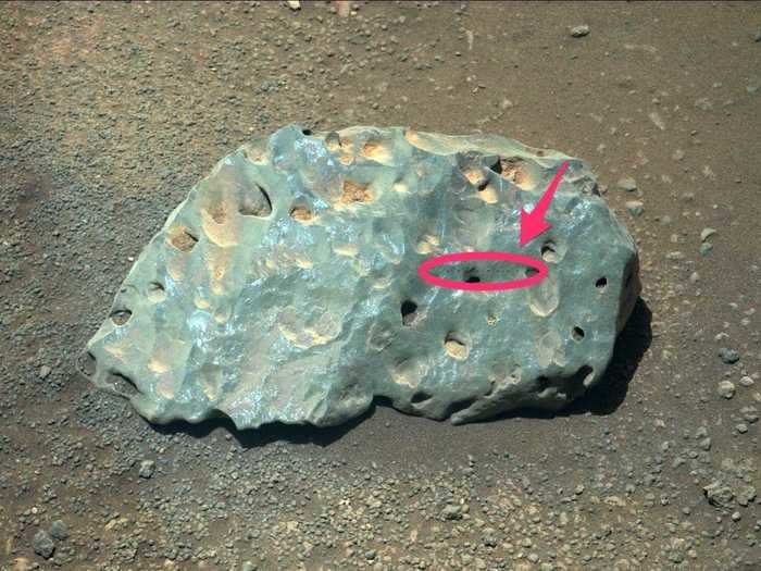 To test its laser tool, the rover zapped a nearby rock and photographed the line of dots it left on the surface.