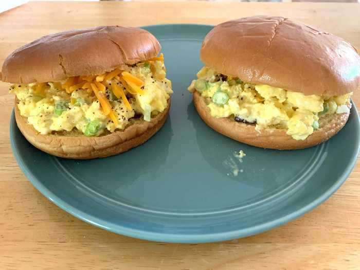 I plopped the top buns on my scrambled eggs and admired the beautiful sandwiches.