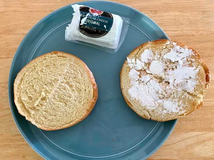 Then I prepped my toasted brioche buns with the goat cheese.