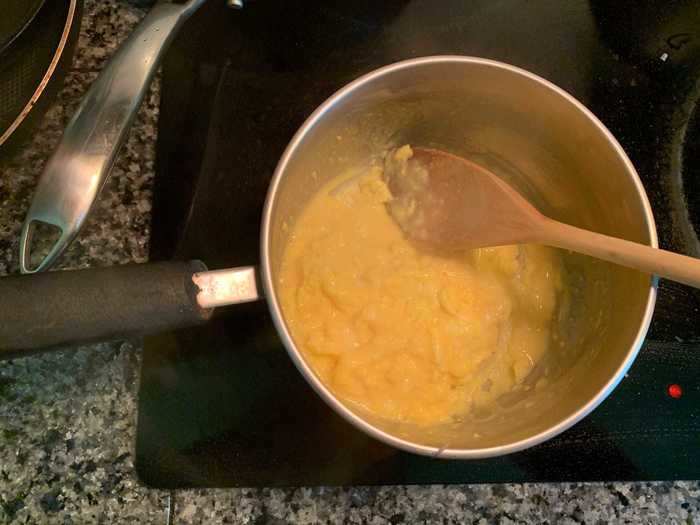 I removed the saucepan from the heat while stirring my eggs for 30 seconds. I repeated this method (one minute on, 30 seconds off) until my eggs looked ready.