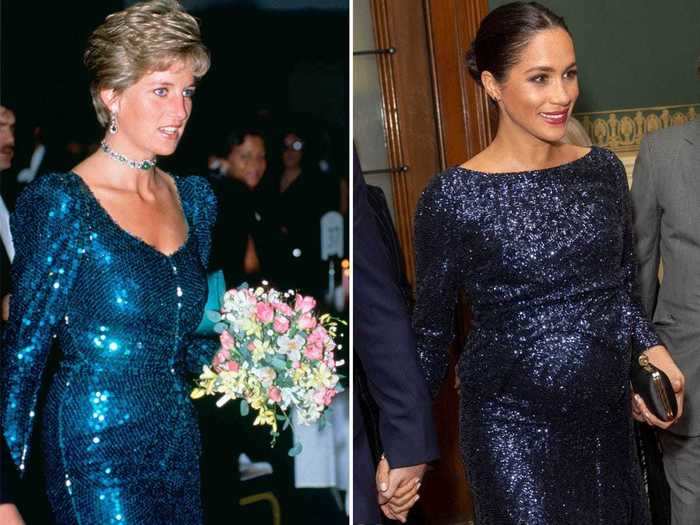 Princess Diana and Markle both embraced blue sparkles for royal engagements.