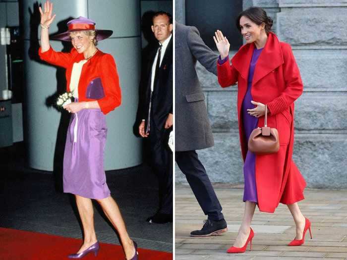 While pregnant with Archie in January 2019, Markle wore a red-and-purple ensemble that echoed a similar one previously worn by Princess Diana.