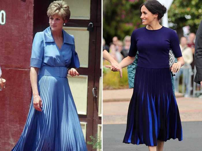 Both royals have seemingly loved pleats - especially in blue shades.