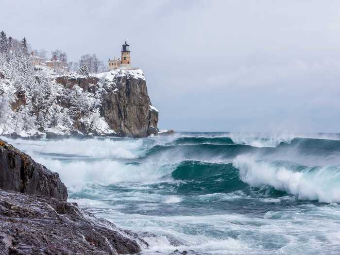 Split Rock Lighthouse sits on top of a 130-foot cliff in Minnesota.