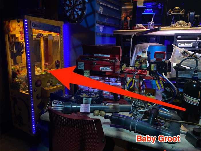 Spot Baymax, a "Toy Story" alien, and Baby Groot in a crane machine in one of the preshow rooms.