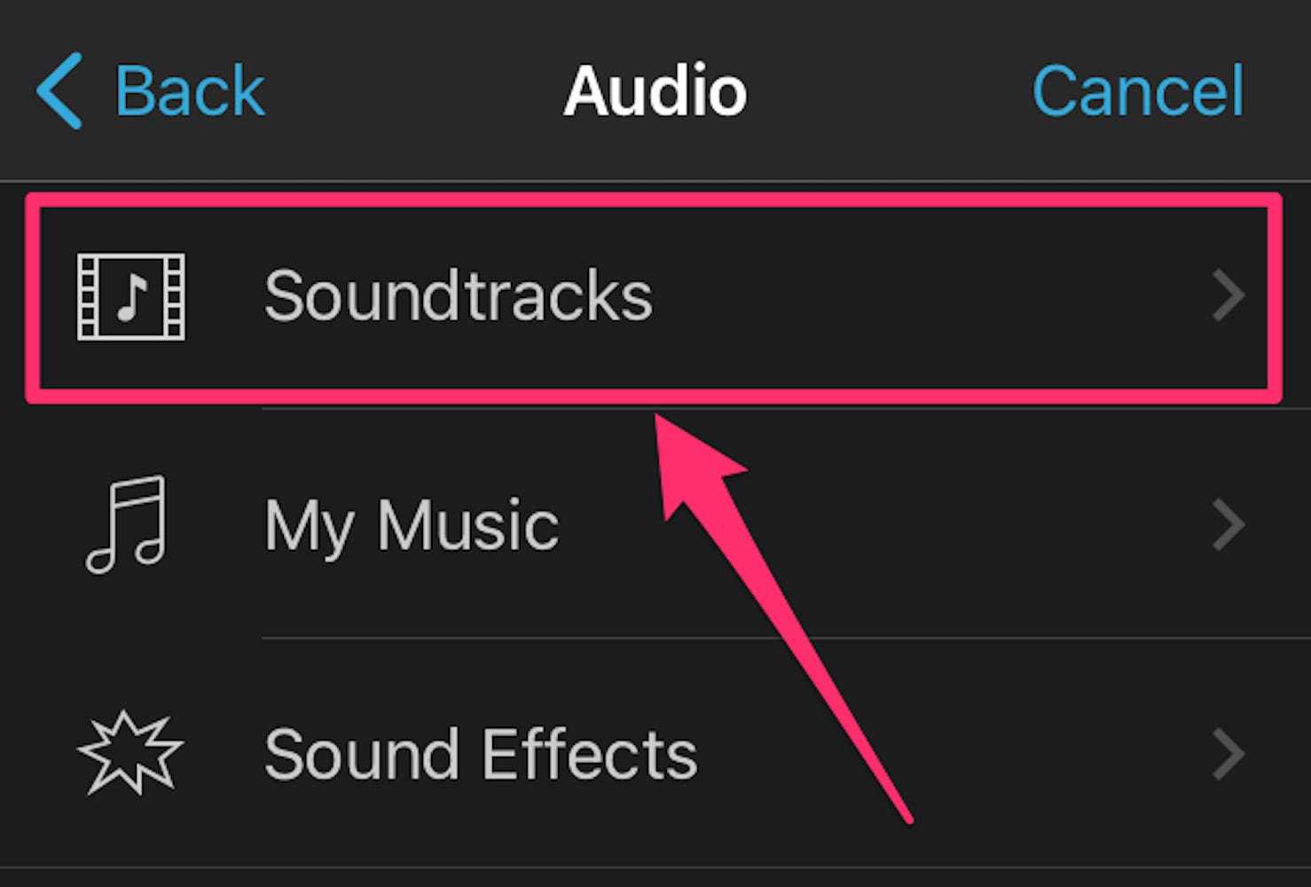Audio add options, iMovie on iPhone