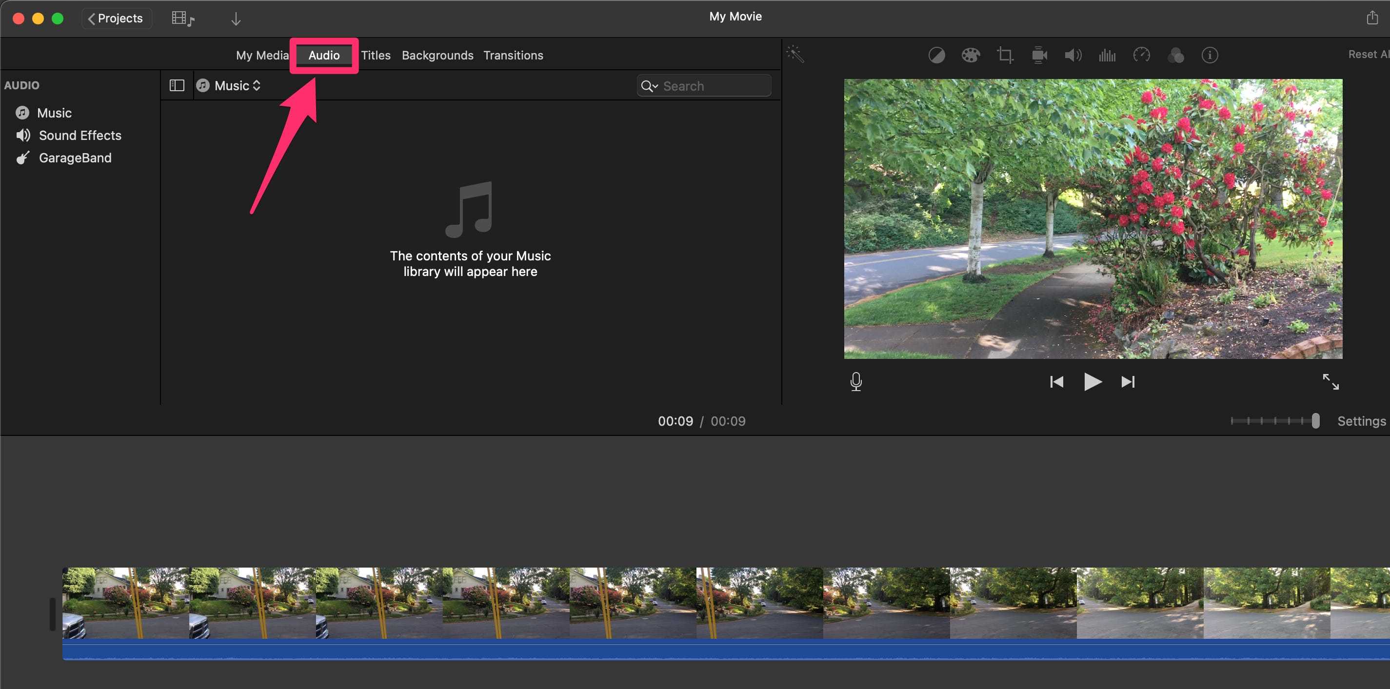 iMovie on Mac audio tab in toolbar
