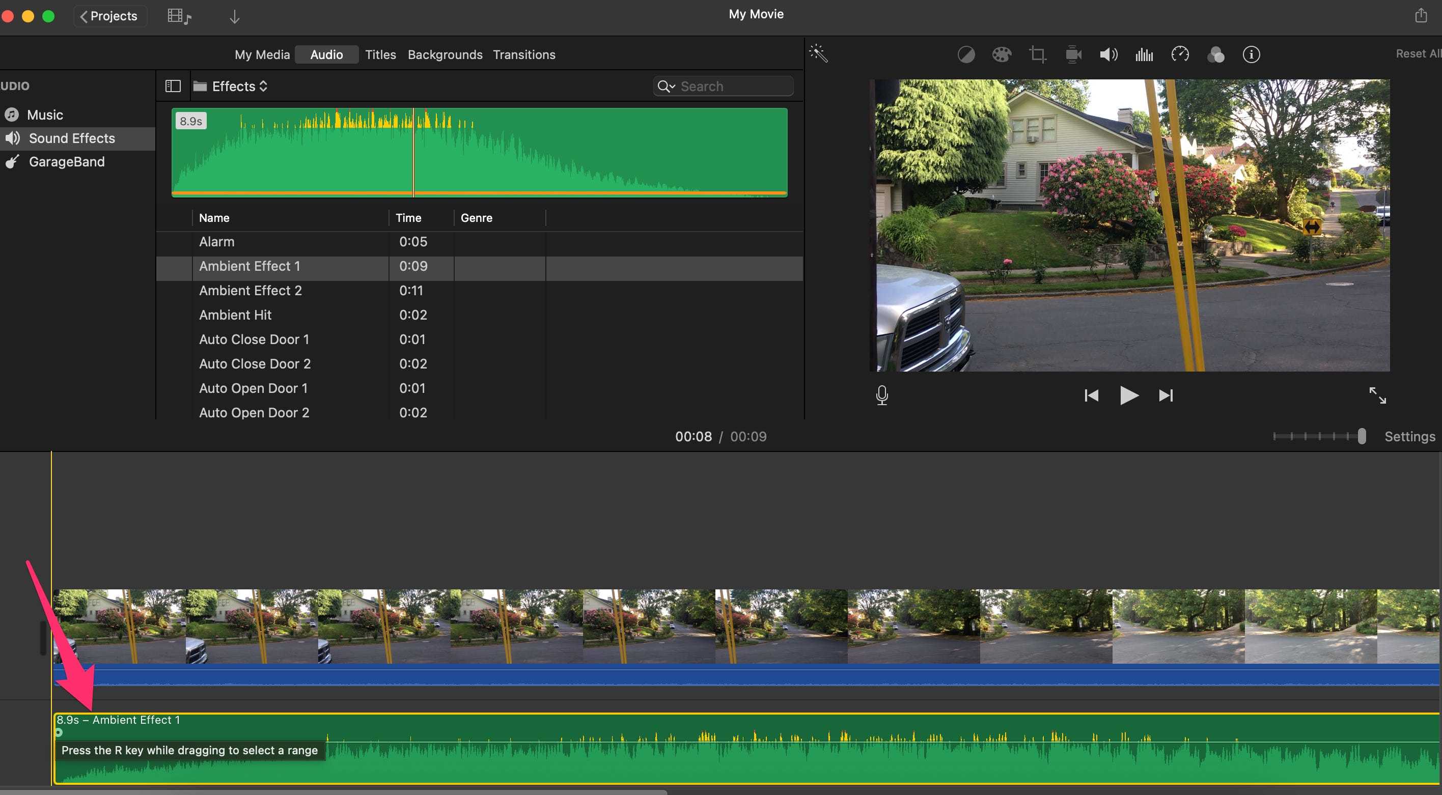 iMovie editing bar with sound clip