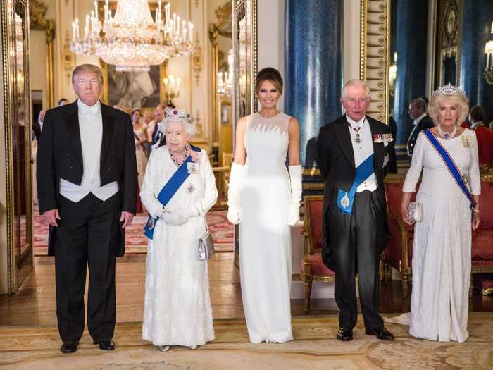 Members of the royal family coordinated in white dresses at a state dinner held in the Trumps