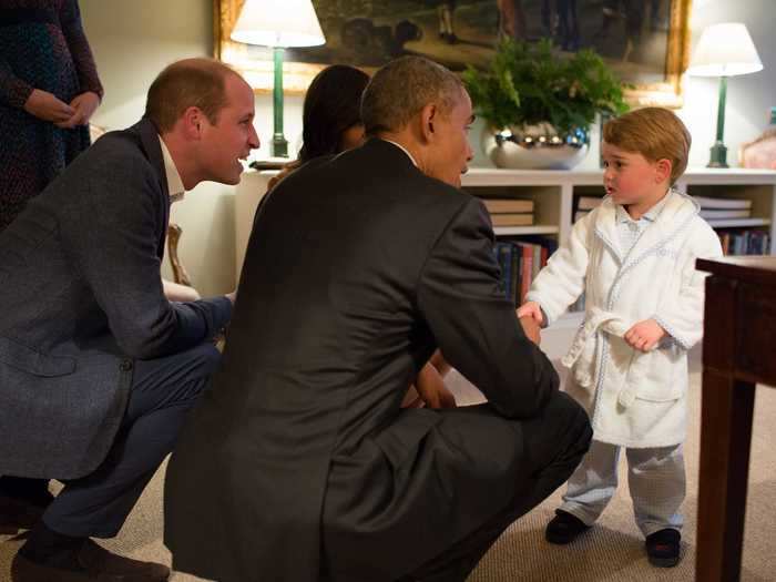 Prince George said a quick hello to the Obamas in his pajamas before bedtime.