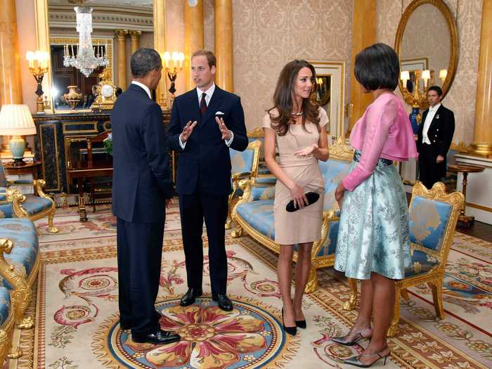 When President Barack and first lady Michelle Obama visited Buckingham Palace in 2011, Kate Middleton wore a beige bandage dress from Reiss Shola.