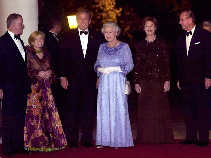 She wore a sparkly purple dress to another dinner with US Ambassador William Farish in London.