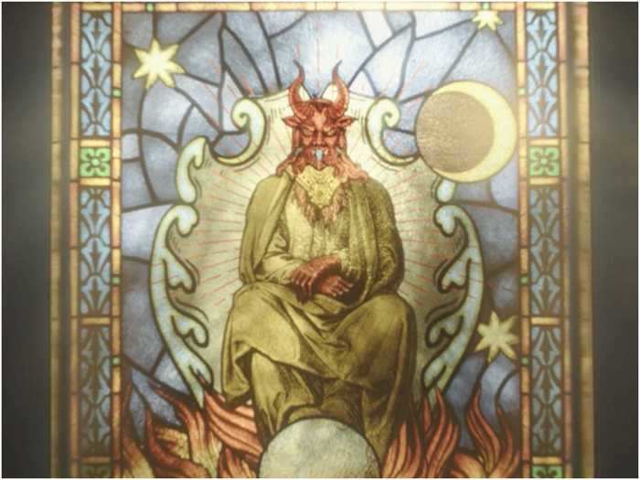 A stained-glass window seemed to reference Mephisto, but it