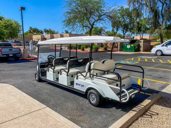 Passengers then load onto Set Jet golf carts that will bring them straight to the plane. Parking at Set Jet