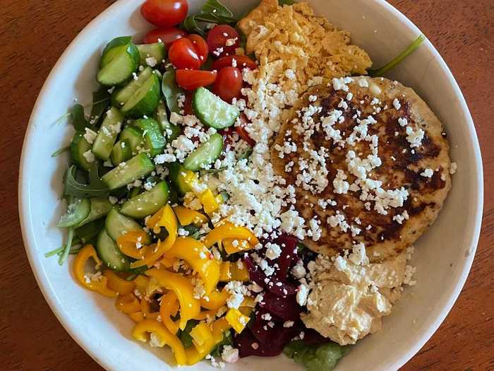 I love making burger bowls in the summer, so I knew I had to try the Mediterranean-style chicken patties.